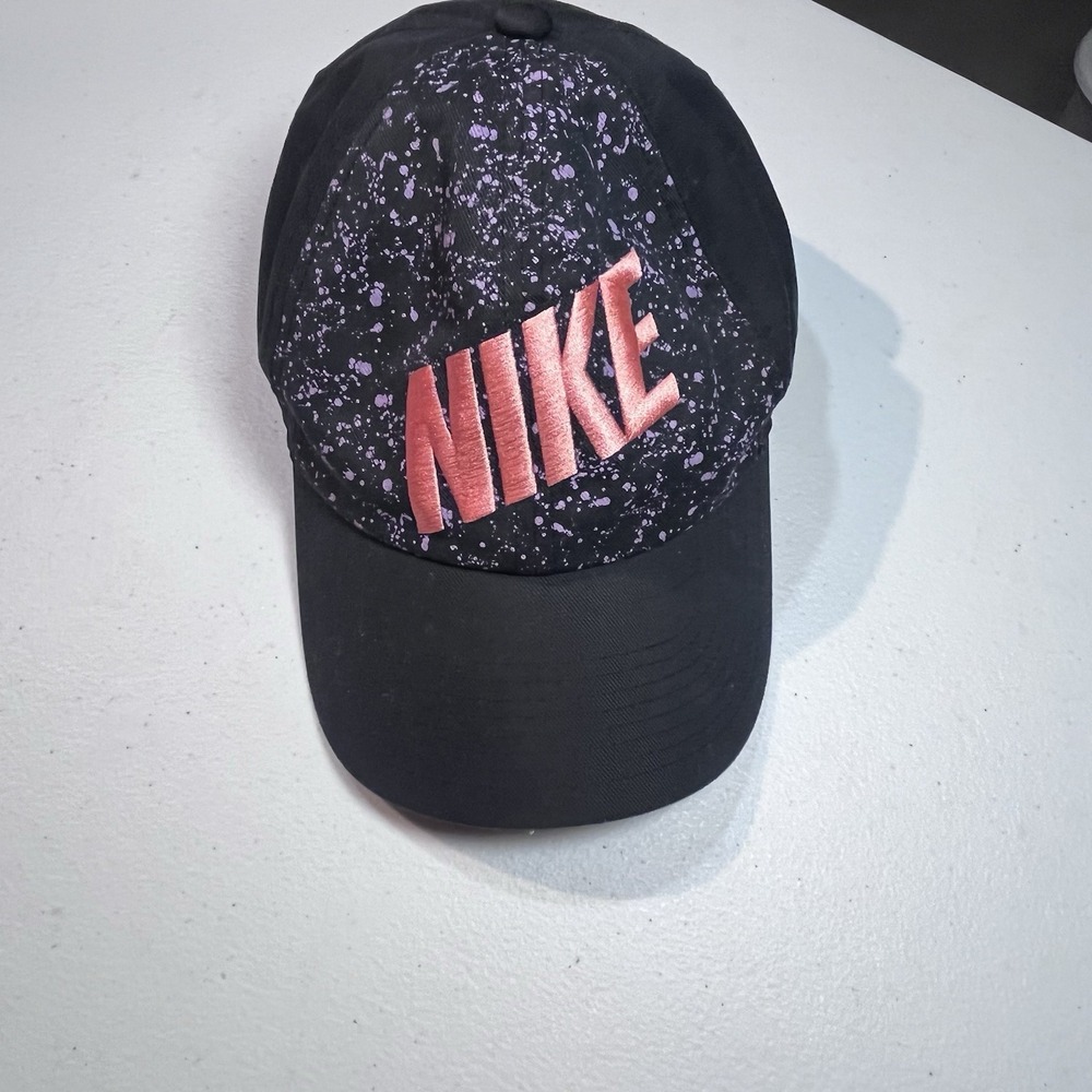 Vintage Nike Hat Cap Strap Back Pink Black Spell Out Center One Size
